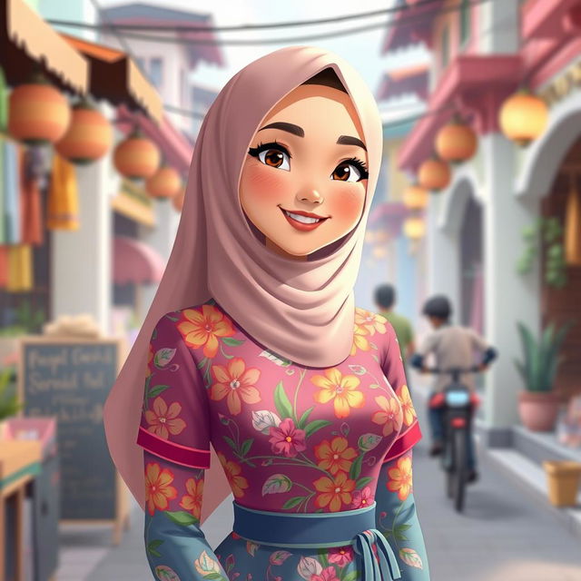 An animated depiction of a beautiful woman wearing a traditional Betawi outfit with a hijab that gracefully covers her chest