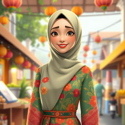 An animated depiction of a beautiful woman wearing a traditional Betawi outfit with a hijab that gracefully covers her chest