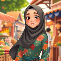 An animated depiction of a beautiful woman wearing a traditional Betawi outfit with a hijab that gracefully covers her chest