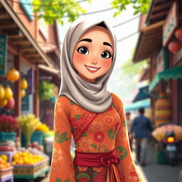 An animated depiction of a beautiful woman wearing a traditional Betawi outfit with a hijab that gracefully covers her chest
