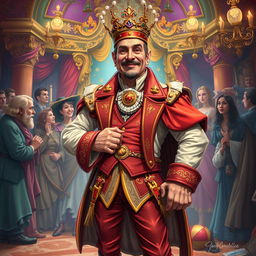A proud yet foolish character, standing confidently in a grand but chaotic setting that reflects his arrogance
