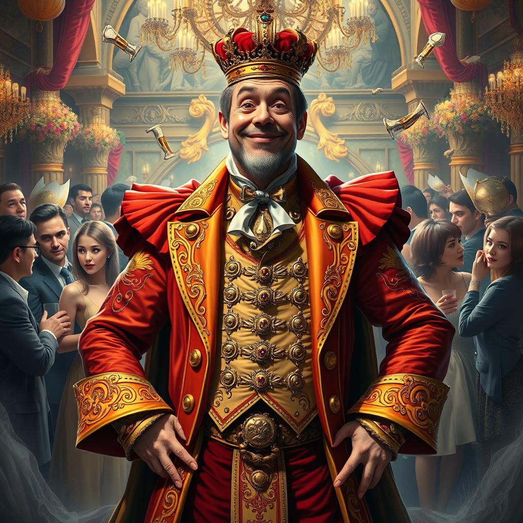 A proud yet foolish character, standing confidently in a grand but chaotic setting that reflects his arrogance