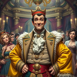 A proud yet foolish character, standing confidently in a grand but chaotic setting that reflects his arrogance