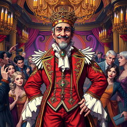 A proud yet foolish character, standing confidently in a grand but chaotic setting that reflects his arrogance