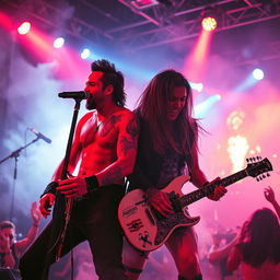 A fierce rock singer and guitarist performing electrifying music on an edgy stage, infused with a dangerous ambiance