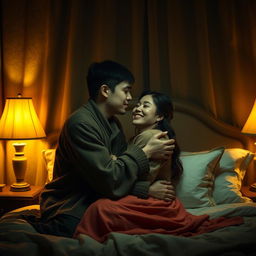 A touching scene in a dimly lit bedroom at night, depicting a poor young Chinese man in ragged clothes tenderly kissing his beautiful wife