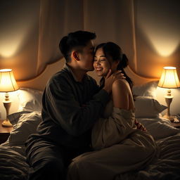 A touching scene in a dimly lit bedroom at night, depicting a poor young Chinese man in ragged clothes tenderly kissing his beautiful wife