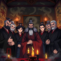 A beautifully illustrated scene depicting members of the Kokuryun-kai (Black Dragon Society), dressed in traditional Japanese attire, gathered in a dimly lit room filled with ancient artifacts and dragon motifs