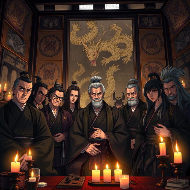 A beautifully illustrated scene depicting members of the Kokuryun-kai (Black Dragon Society), dressed in traditional Japanese attire, gathered in a dimly lit room filled with ancient artifacts and dragon motifs