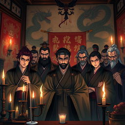 A beautifully illustrated scene depicting members of the Kokuryun-kai (Black Dragon Society), dressed in traditional Japanese attire, gathered in a dimly lit room filled with ancient artifacts and dragon motifs