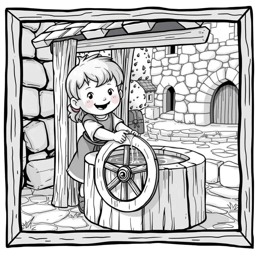 A cute and childlike character drawing water from a traditional wooden well in a medieval setting