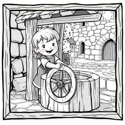 A cute and childlike character drawing water from a traditional wooden well in a medieval setting