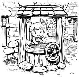 A cute and childlike character drawing water from a traditional wooden well in a medieval setting