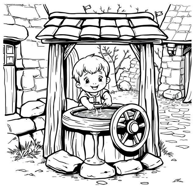 A cute and childlike character drawing water from a traditional wooden well in a medieval setting
