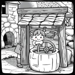 A cute and childlike character drawing water from a traditional wooden well in a medieval setting