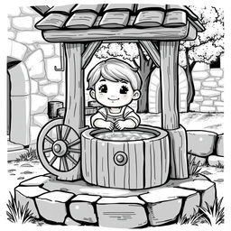 A cute and childlike character drawing water from a traditional wooden well in a medieval setting