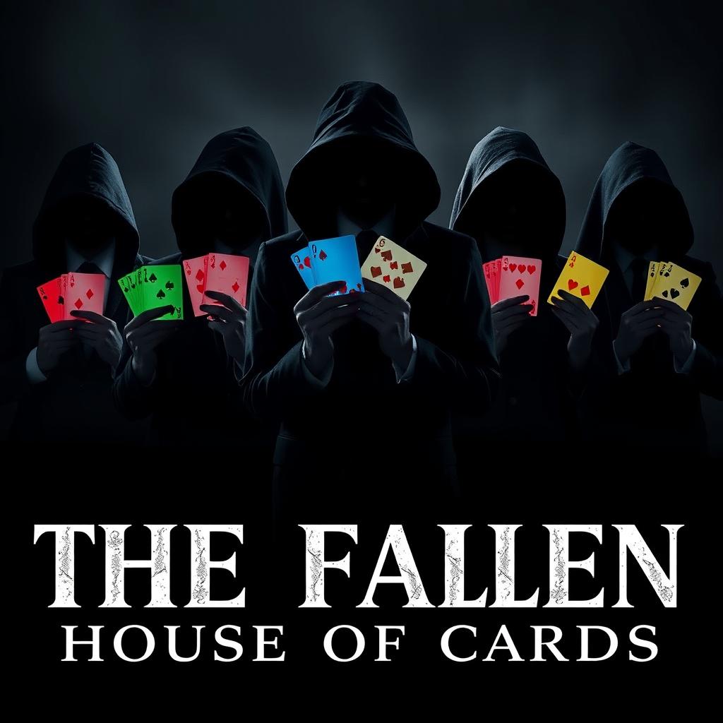 A dramatic and mysterious poster for a series titled "The Fallen: House of Cards" showcasing a group of people in shadowy silhouettes, their faces obscured to maintain anonymity
