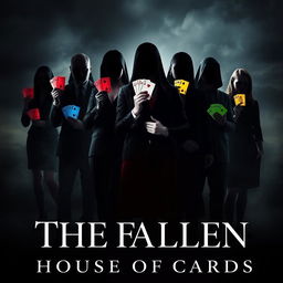 A dramatic and mysterious poster for a series titled "The Fallen: House of Cards" showcasing a group of people in shadowy silhouettes, their faces obscured to maintain anonymity