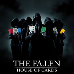 A dramatic and mysterious poster for a series titled "The Fallen: House of Cards" showcasing a group of people in shadowy silhouettes, their faces obscured to maintain anonymity