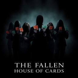 A dramatic and mysterious poster for a series titled "The Fallen: House of Cards" showcasing a group of people in shadowy silhouettes, their faces obscured to maintain anonymity