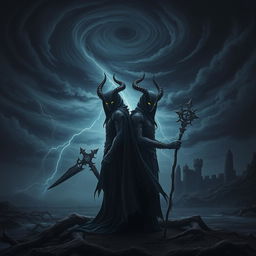 A surreal and moody scene depicting two malevolent figures shrouded in shadow, standing back to back in a dark, ominous landscape