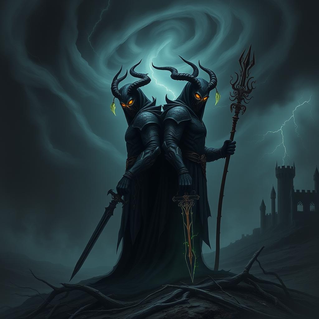 A surreal and moody scene depicting two malevolent figures shrouded in shadow, standing back to back in a dark, ominous landscape