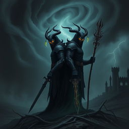 A surreal and moody scene depicting two malevolent figures shrouded in shadow, standing back to back in a dark, ominous landscape