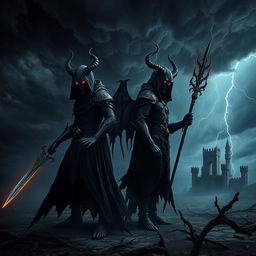 A surreal and moody scene depicting two malevolent figures shrouded in shadow, standing back to back in a dark, ominous landscape