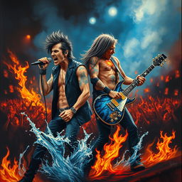 A dramatic painting of a singer and guitarist performing on stage, surrounded by an intense atmosphere of fire and water elements