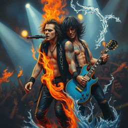 A dramatic painting of a singer and guitarist performing on stage, surrounded by an intense atmosphere of fire and water elements
