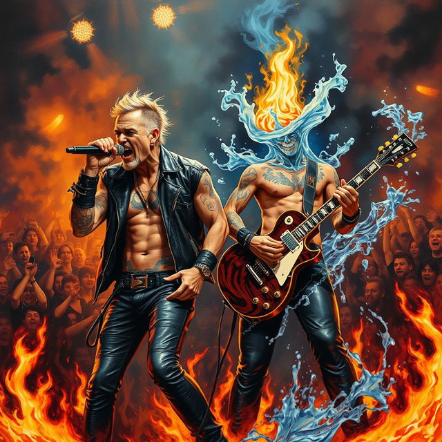 A dramatic painting of a singer and guitarist performing on stage, surrounded by an intense atmosphere of fire and water elements