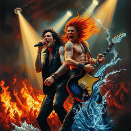 A dramatic painting of a singer and guitarist performing on stage, surrounded by an intense atmosphere of fire and water elements