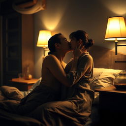 An intimate scene set in a cozy bedroom at night, showcasing a poor young Chinese man dressed in ragged clothes gently kissing his beautiful wife