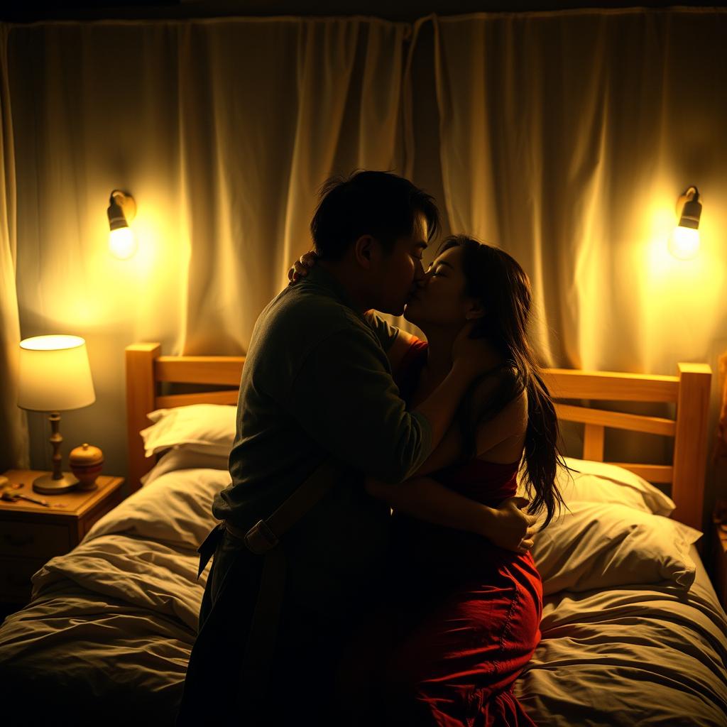 An intimate scene set in a cozy bedroom at night, showcasing a poor young Chinese man dressed in ragged clothes gently kissing his beautiful wife