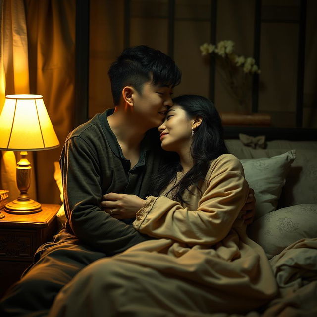 An intimate scene set in a cozy bedroom at night, showcasing a poor young Chinese man dressed in ragged clothes gently kissing his beautiful wife