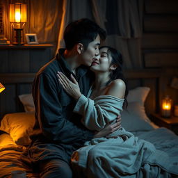 An intimate scene set in a cozy bedroom at night, showcasing a poor young Chinese man dressed in ragged clothes gently kissing his beautiful wife