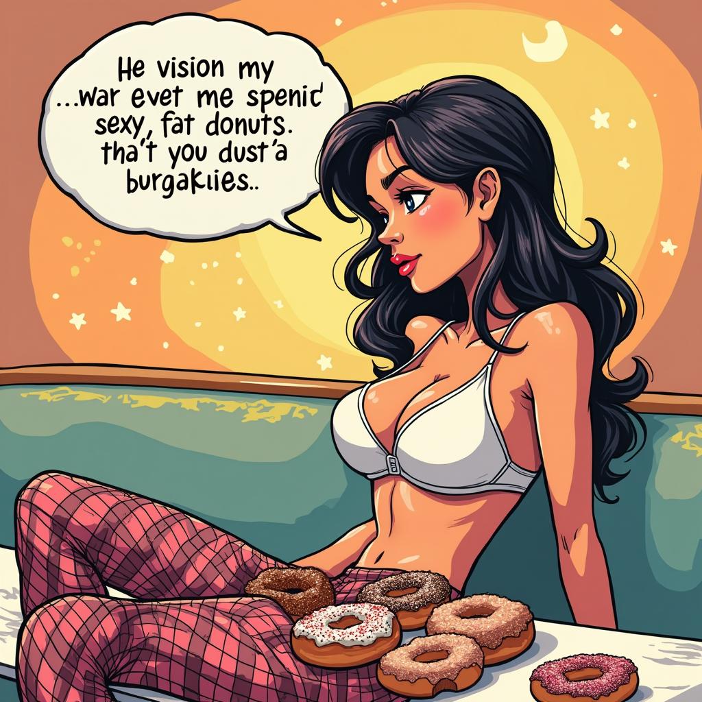 A comic book-style illustration of a sexy, beautiful, innocent-looking thin girl sitting at a table