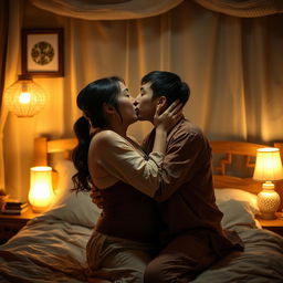 A tender scene taking place in a bedroom at night, where a poor young Chinese man in ragged clothes is passionately kissing his beautiful wife