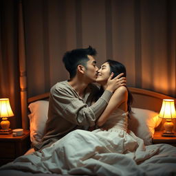 A tender scene taking place in a bedroom at night, where a poor young Chinese man in ragged clothes is passionately kissing his beautiful wife