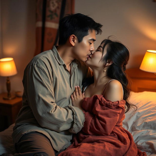 A tender scene taking place in a bedroom at night, where a poor young Chinese man in ragged clothes is passionately kissing his beautiful wife