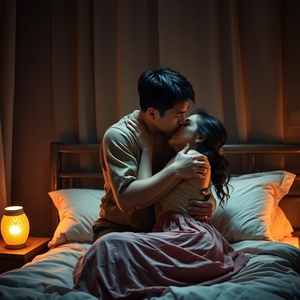 A tender scene taking place in a bedroom at night, where a poor young Chinese man in ragged clothes is passionately kissing his beautiful wife