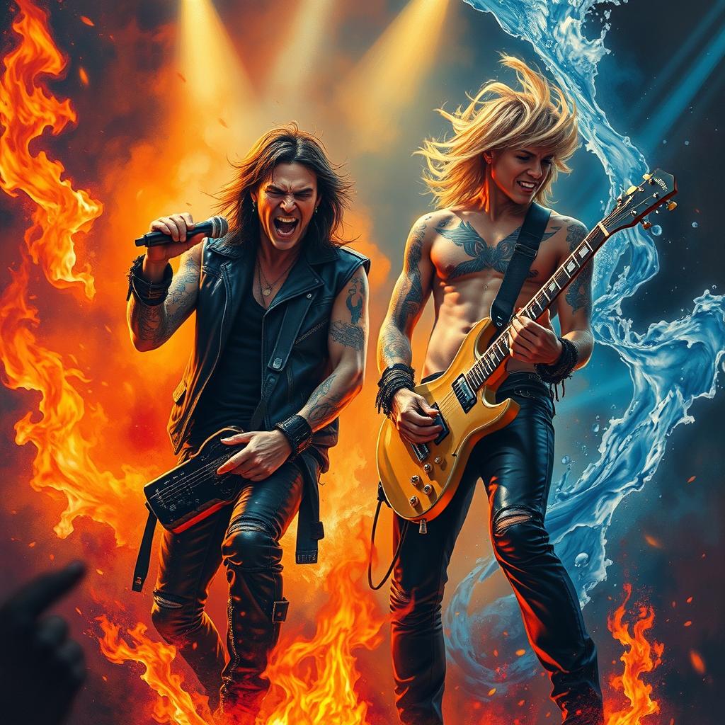 A dramatic painting of a singer and guitarist performing on stage, surrounded by an intense atmosphere of fire and water elements