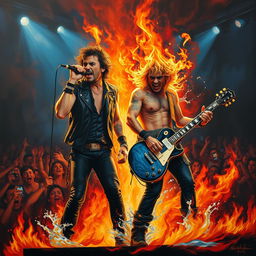 A dramatic painting of a singer and guitarist performing on stage, surrounded by an intense atmosphere of fire and water elements