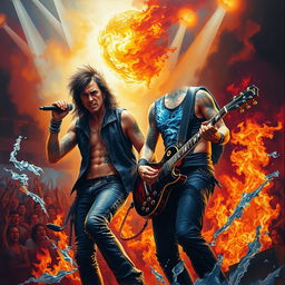 A dramatic painting of a singer and guitarist performing on stage, surrounded by an intense atmosphere of fire and water elements