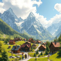 A magical mountain village nestled in a lush green valley, surrounded by towering snow-capped peaks
