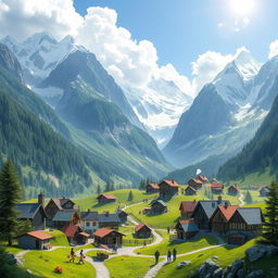 A magical mountain village nestled in a lush green valley, surrounded by towering snow-capped peaks