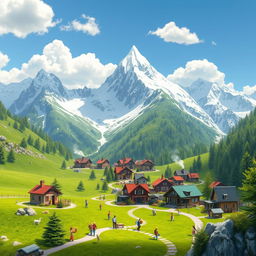 A magical mountain village nestled in a lush green valley, surrounded by towering snow-capped peaks