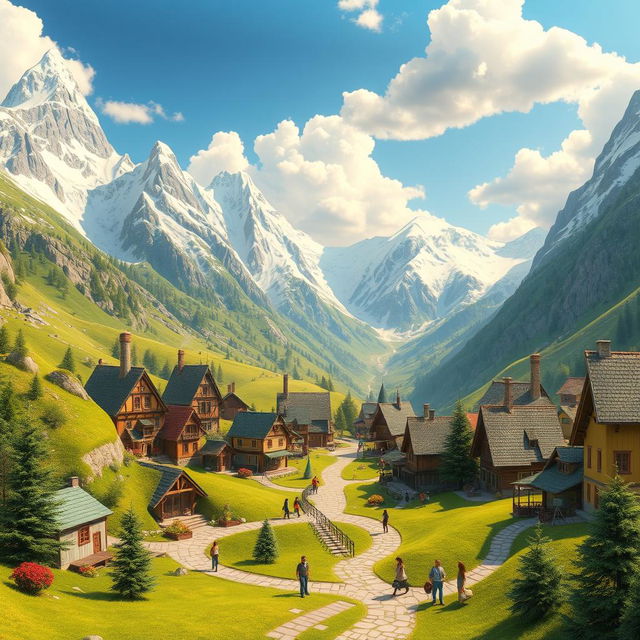 A magical mountain village nestled in a lush green valley, surrounded by towering snow-capped peaks