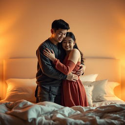 A heartfelt scene in a softly lit bedroom at night, showcasing a poor young Chinese man in ragged clothes embracing his beautiful wife with tenderness and love