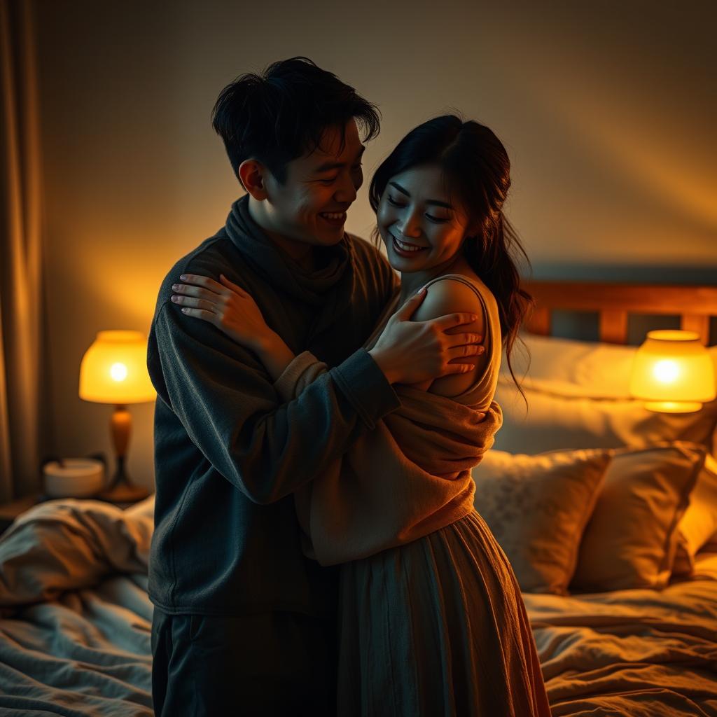 A heartfelt scene in a softly lit bedroom at night, showcasing a poor young Chinese man in ragged clothes embracing his beautiful wife with tenderness and love